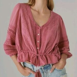 LUCKY BRAND Heather Rose EYELET Button Down TASSEL Tie BOHO Top BLOUSE XLARGE
